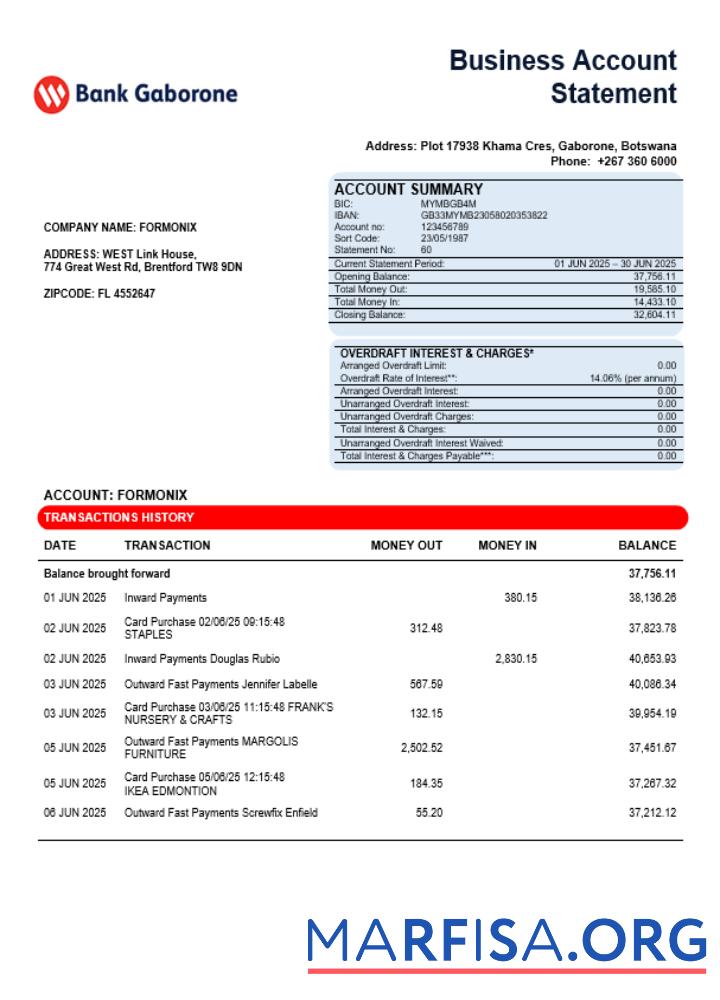 Printable Bank Gaborone business firm statement Word and PDF format template